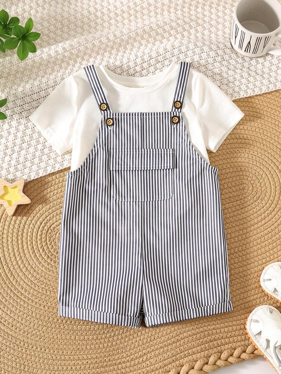 SHEIN Newborn Baby Boys/Girls Summer Casual Versatile Blue & White Striped Bib Pants Romper - Multicolor - View 1
