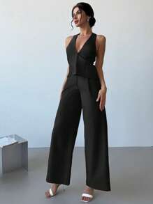 Firerie Conjunto de 2 piezas: Elegante chaleco sin mangas de lino ligero con cuello abierto y pantalones anchos de cintura alta con pliegues, traje casual elegante para ir al trabajo, primavera/verano en otoño/invierno - Negro - Ver 5