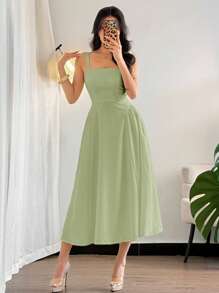 Firerie 女士优雅简约度假海滩黄色泡泡纱面料细肩带束腰 A 字中长连衣裙