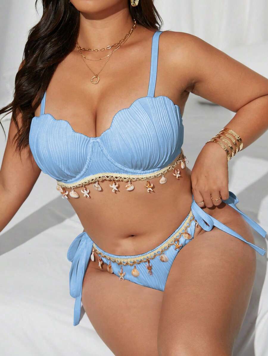 SHEIN Swim Curve 加大码 2 件女式海洋网状纹理钢圈聚拢比基尼泳装，优雅海滩度假时尚 - 淺藍色 - 查看 1