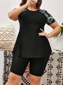 Swim Lushoire Plus Size Tropical Print Patchwork Rashguard Set, Suitable For Summer Beach Vacation - Multicolor - View 4