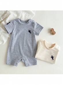 Loomiva Newborn Baby Boy/Girl 2 Pieces Set: Soft Knit Horse Print Short Sleeve Romper