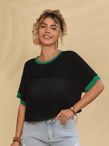 Travachic Plus Size Women's Casual Summer Beach Wear Colorblock Green Trim Basic Knit Cropped Top T-Shirt - Black - View 1