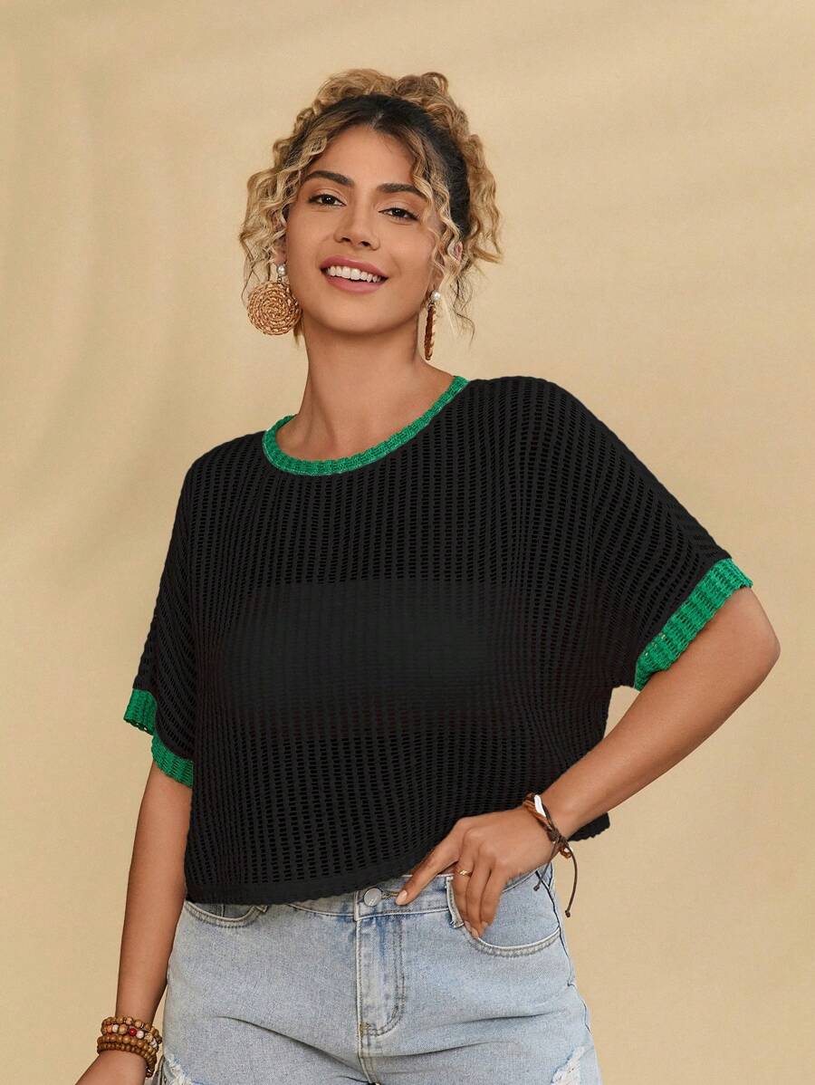 Travachic Plus Size Women's Casual Summer Beach Wear Colorblock Green Trim Basic Knit Cropped Top T-Shirt - Black - View 1