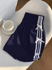 Comfortcana Navy Blue Casual Women's Shorts With Side White Stripe And Bow Detail, Summer,Flowy Shorts