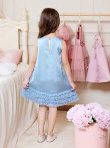 年轻女孩纯色圆领无袖网眼荷叶边下摆连衣裙 - 藍色 - 查看 4