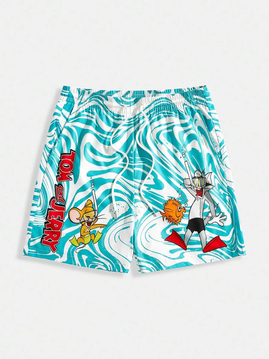TOM & JERRY X SHEIN 1 件男士绿白夏季度假卡通图案抽绳腰沙滩短裤，夏威夷风