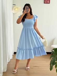 Flirla Women's Ruffle Pleated A-Line Vacation Casual Long Dress, Summer - Blue - View 4