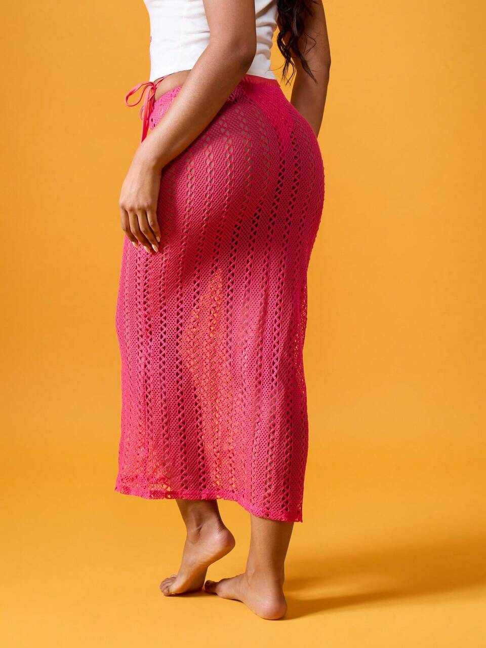MISSGUIDED Beach Cover Up Crochet Maxi Skirt Tie Side Summer Vacation Resort Wear Mesh Knit Long Swimsuit Cover Up Side Slit Holiday Poolside