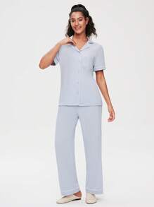 LUVLETTE 柔软100%纯棉撞色滚边短袖基本款纽扣上衣和裤子家居服透气睡衣套装裤子带口袋 - 藍色 - 查看 8