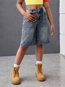 Tween Girls Y2K Fashion Streetwear Retro Blue Washed Denim Loose Baggy High Waist Bermuda Shorts Vintage Denim Baggy Long Short,Girls Summer Beach Boho Vacation Shorts, Summer Concert Festival Casual Rave Outfits, Girls Summer Brunch Church Graduation Outfits,Streetwear Back To School Outfits