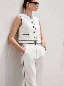 Aveloria Modichic Premium Women's White Crew Neck Vest, Contrast Striped Blazer & Straight-Leg Pants Suit, Business Attire - Black and White - View 1