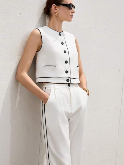 Aveloria Modichic 高级女士白色圆领背心、撞色条纹西装外套和直筒裤套装，商务正装