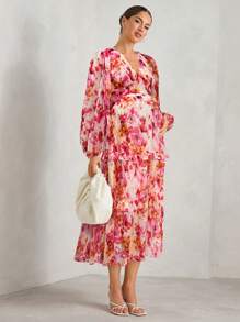 MaterniChic Vestido de mujer embarazada de cuello en V profundo con manga farol y volante en el bajo, con cintura ceñida, perfecto para vacaciones