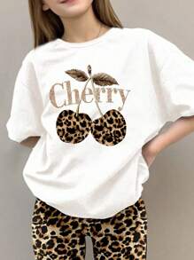 SHEIN Leap Crew 复古豹纹和樱桃印花少女休闲简约短袖圆领T恤和喇叭裤两件套，适合夏季 - 彩色 - 查看 3