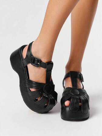 Kawaii Zapatos pequeños de tipo Mary Jane para mujer, zapatos mule tejidos de forma hueca, sandalias de plataforma y cuña con cierre de punta cerrada y motivo floral
