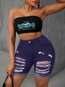 Slaydiva Plus Size Women Distressed Skinny Denim Cycling Pants - Purple - View 3