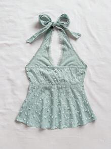 Soleia 女士度假针织波尔卡圆点提花纹理吊带打结 V 领收腰 A 字背心，适合派对、约会、情人节、下午茶 - 薄荷藍 - 查看 2