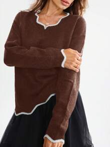 SHEIN LUNE 女士撞色镶边 V 领长袖套头衫、长袖上衣 - 鏽棕色 - 查看 4