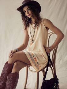 SHEIN LUNE 夏季休閒無袖坦克裙,幾何圖案,適用於海灘度假 - 杏色 - 查看 2