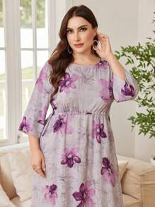 Lacomfia 休闲花卉印花圆领 3/4 袖抽绳腰部宽松长裙，大码女装，春夏