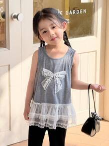 SHEIN Young Girl Casual Bowknot Ruffle Hem Sleeveless Round Neck Tank Top, Suitable For Summer - Grey - View 7