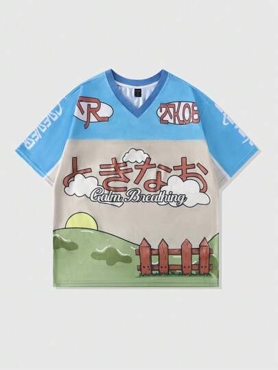 Prep Men's Cartoon Jersey Mesh Splice Short Sleeve Sports T-Shirt, Vacation