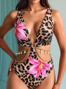 SHEIN Swim 1pc Women's Leopard & Floral Print Chain Decor One Piece Swimsuit - Multicolor - View 3