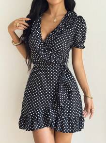 SHEIN PETITE 女式波尔卡圆点印花深 V 领裹式系带短袖连衣裙 - 黑色 - 查看 1