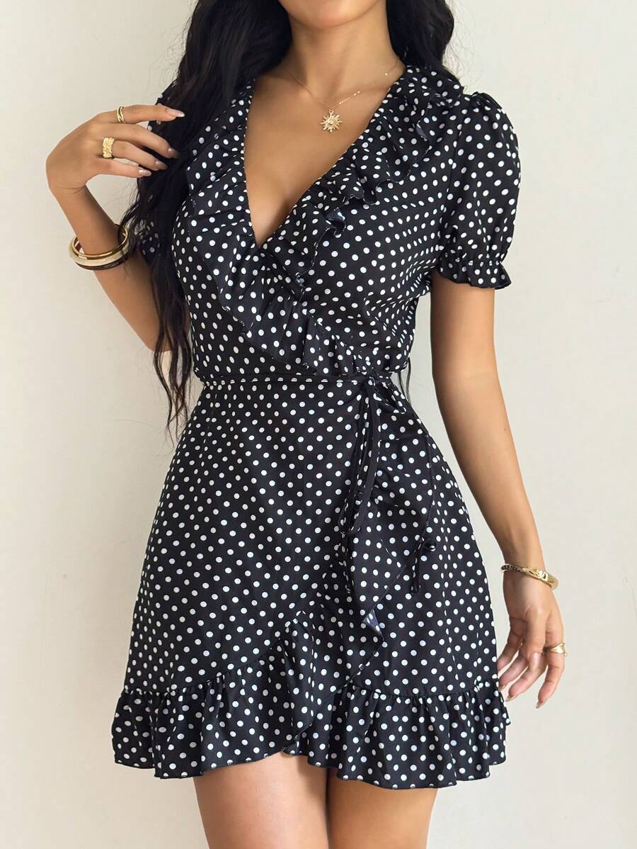 SHEIN PETITE 女式波尔卡圆点印花深 V 领裹式系带短袖连衣裙 - 黑色 - 查看 1