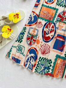 Soleia Women's Resort Beach Casual Coconut Tree, Orange, Lemon Fruit Colorful Print Skirt - Multicolor - View 4