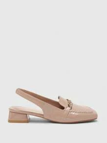 CUCCOO BIZCHIC 卡其色链条带低跟方头露跟平底鞋，时尚通勤、约会、派对、节日穿着