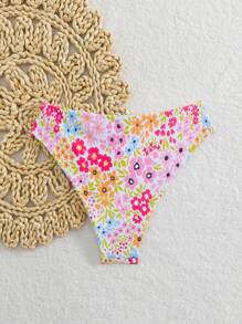 Swim Mod Floral Print High Waist Triangle Bikini Bottoms For Summer Beach Vacation - Multicolor - View 2