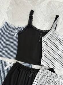 SHEIN 6pcs Women Casual Fitted False Placket Lace Patchwork Floral Print Camisole Shorts Pajama Set Bow Tie  Cozy And Elegant Details