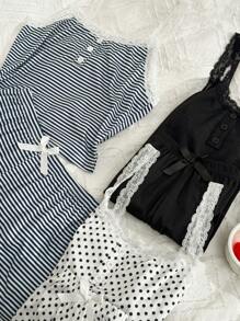 SHEIN 6pcs Women Casual Fitted False Placket Lace Patchwork Floral Print Camisole Shorts Pajama Set Bow Tie  Cozy And Elegant Details