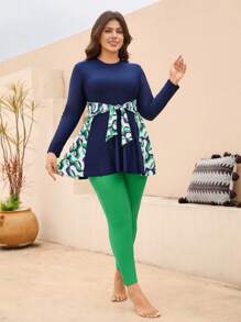 Swim Mulvari Plus Size Women 2pcs Set Random Printed Patchwork Long Belted Modest Middle Eastern Style Burkini For Summer Beach Vacation - Multicolor - View 5