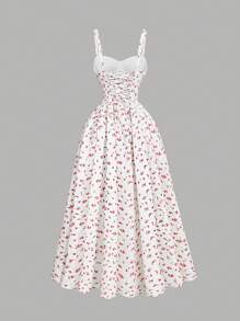 SHEIN X Hannahelzahed SHEIN MOD Đầm hoa nhỏ thanh lịch thắt eo & viền xòe nơ sau lưng Jacquard - trắng - Xem 2