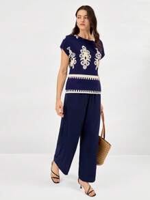 Miaspire Two Pieces Summer Set Bohemian-Style Printed Top & Casual Solid Color Pants Set, Suitable For Beach Vacations