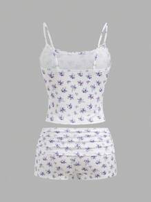 SHEIN EZwear 2件套女士夏季碎花蕾丝装饰吊带背心和短裤套装 - 紫色 - 查看 2