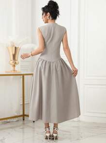 Modelyn Women's Elegant Floral 3D Sleeveless Waist Cinched Dress - Khaki - View 2