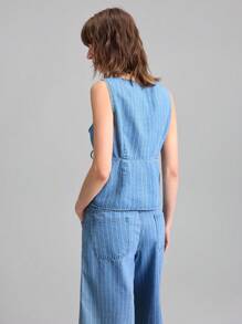 Ontre Women's Blue Denim Top Casual Bowknot Vest Comfort Striped Denim Old Money Style - Medium Wash - View 3