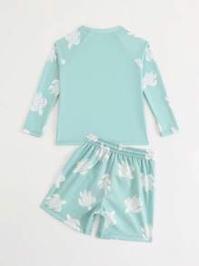 SHEIN 2pcs Youth Boys Swimsuit - Turtle Print Tankini Top With Swim Trunks, Stylish Beachwear Sets For Vacation Boys Rash Guard Set Boys Long Sleeve Swim Set Boys Beachwear Kids Surf Rash Guard Boys Swim Shirt And Shorts Summer Holiday - Multicolor - View 2