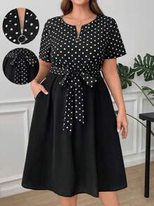 SHEIN Clasi Plus Size Women's Polka Dot Print Patchwork Zipper Casual Black And White Summer Elegant Everyday Dress,Solid Color Gown,Business Work Clothing - Black and White - View 1