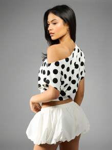 MISSGUIDED Áo crop top hở vai chấm bi tay Dolman bồng bềnh Áo cánh thường ngày mùa hè mặc đi nghỉ dưỡng dự tiệc ban ngày tay bồng thời trang - Đen và trắng - Xem 2