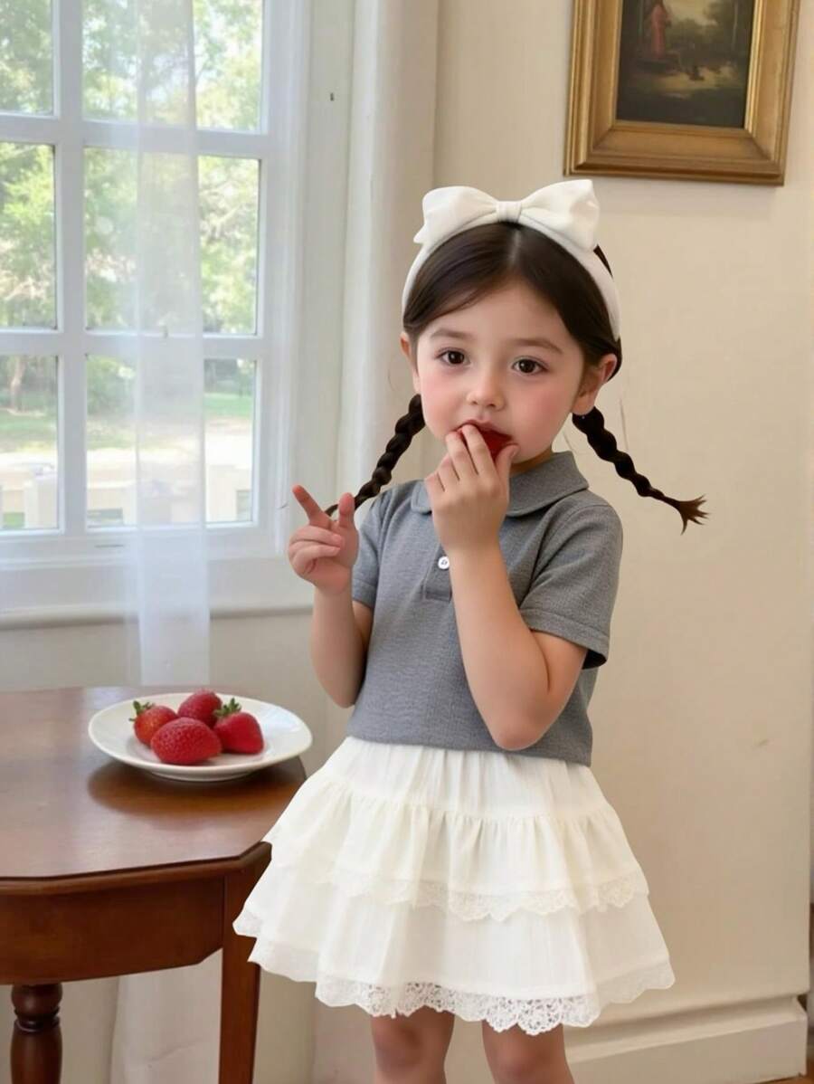 2 Stücke/Set Jacquard Grau Kragen Strickjacke T-Shirt & Weiß Volant Rock Anzug für Kleine Mädchen, süßer Academia Stil für Sommer Lässig Ausflüge, Rückkehr zur Schule - Grau - Übersicht 1