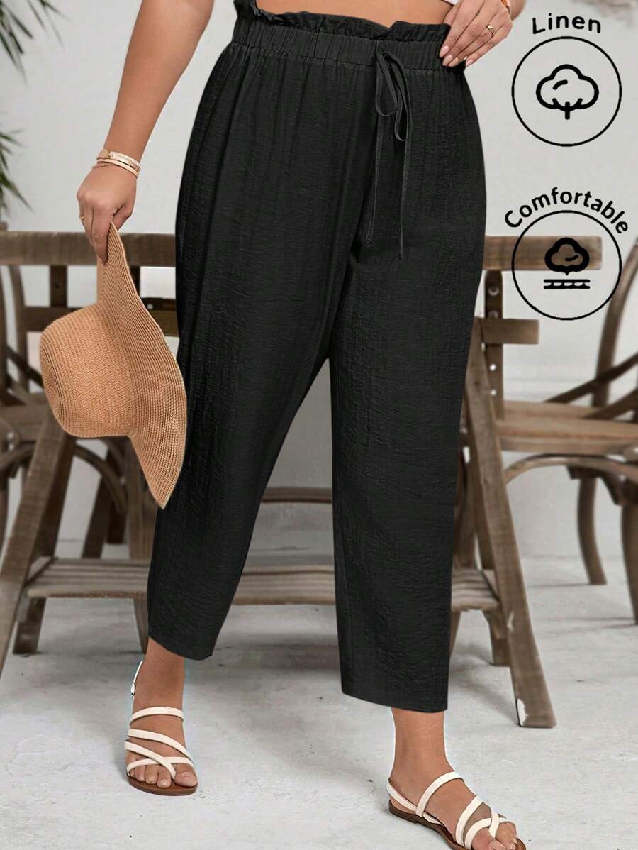 SHEIN VCAY Quần Capri vải lanh cỡ lớn dành cho nữ, Mùa hè, Bãi biển, Phong cách Boho, Bohemian - màu đen - Xem 1