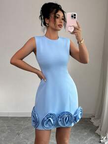 Rafferiza 女士优雅修身花卉无袖连衣裙 - 藍色 - 查看 5