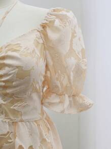 Flirla Robe courte à manches bouffantes à nouer en jacquard grande taille, style vacances pour le printemps/l'été