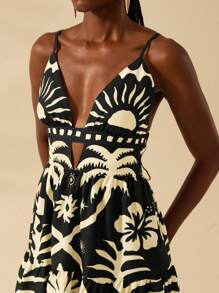 CAJUNI Women's Boho Tropical Green Palm Tree, Sunshine Print Deep V-Neck Spaghetti Strap Backless A-Line Short Dress,Bohemian Clothes