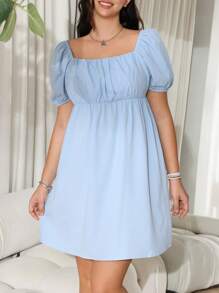CovetEZ Plus Size Baby Blue Mini Dress: Casual Square Neck Short Sleeve Summer Dress With Ruched Bust Detail - Baby Blue - View 1